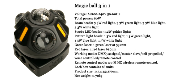 ไฟเวที Magic Ball 3 in 1, ลำแสง, ไฟแฟลช, ลวดลาย, โหมดควบคุมอัตโนมัติ